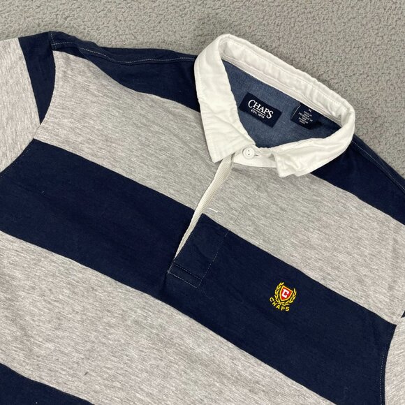 Chaps Rugby Shirt Men L Grey Striped Long Sleeve Polo - Picture 1 of 9